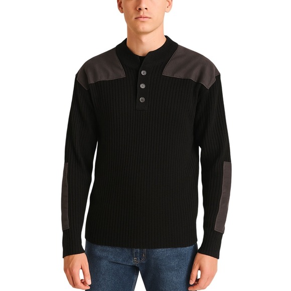 L.L.BEAN Merino Lambswool Commando Sweater Henley Black Shoulder Elbow Patch XL - Picture 1 of 8